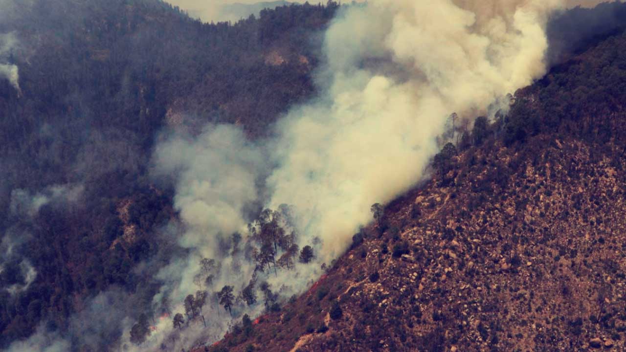 Sobrevuelo de reconocimiento en zona de incendio forestal en Libres, Puebla